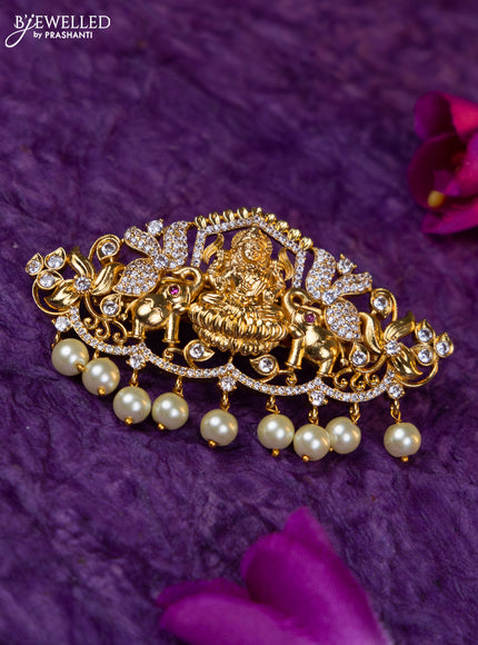 Antique medium size hair clip lakshmi design with cz stones and pearl hangings