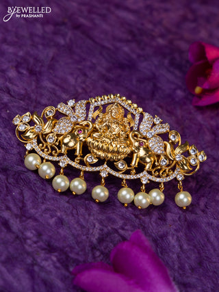 Antique medium size hair clip lakshmi design with cz stones and pearl hangings