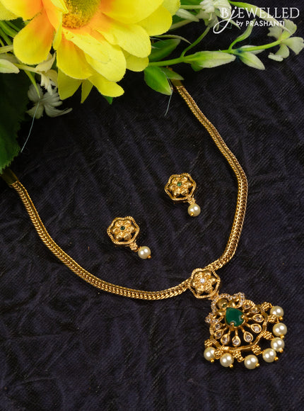 Antique attigai necklace with emerald & cz stones and pearl hangings