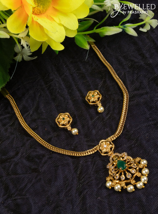 Antique attigai necklace with emerald & cz stones and pearl hangings