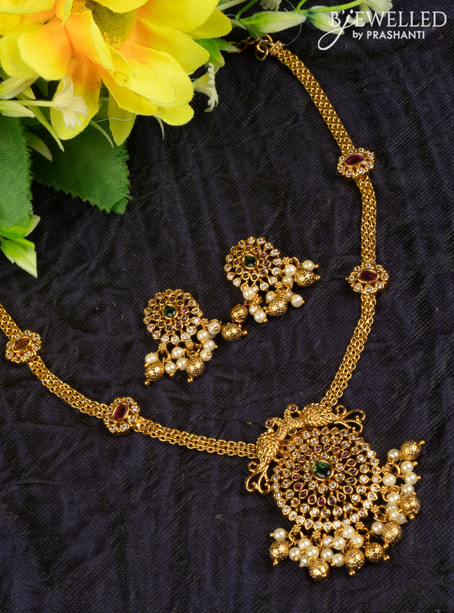 Antique attigai necklace double peacock design with kemp & cz stones and pearl & golden beads hangings