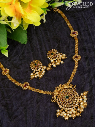 Antique attigai necklace double peacock design with kemp & cz stones and pearl & golden beads hangings
