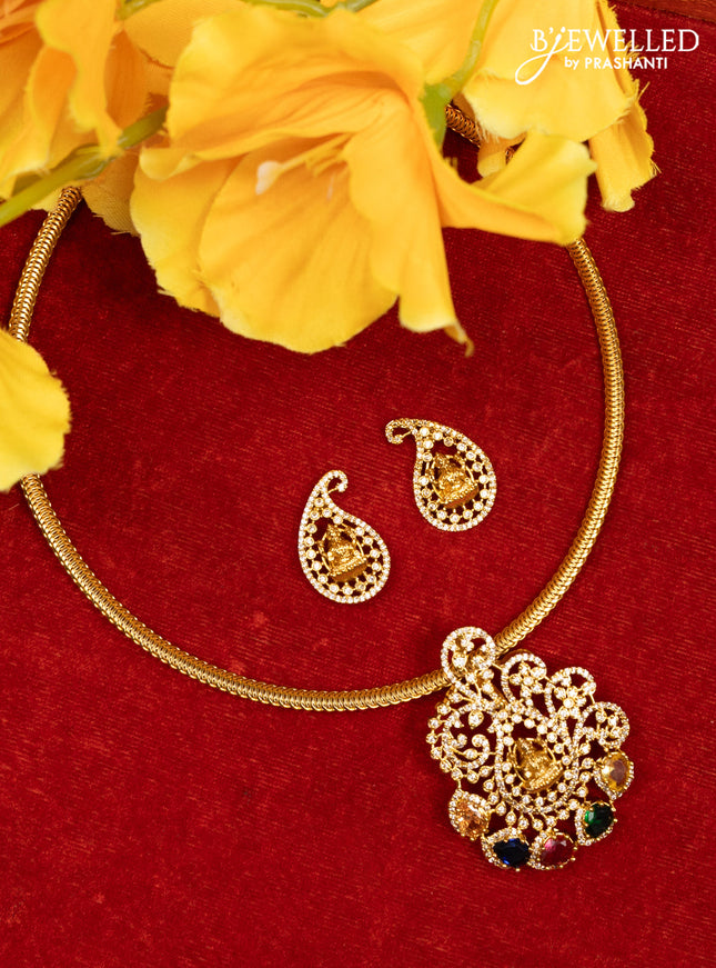 Ring type choker lakshmi pendant with multicolour and cz stones