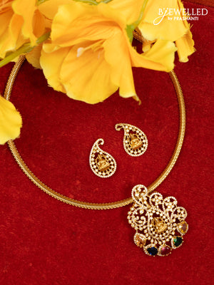 Ring type choker lakshmi pendant with multicolour and cz stones