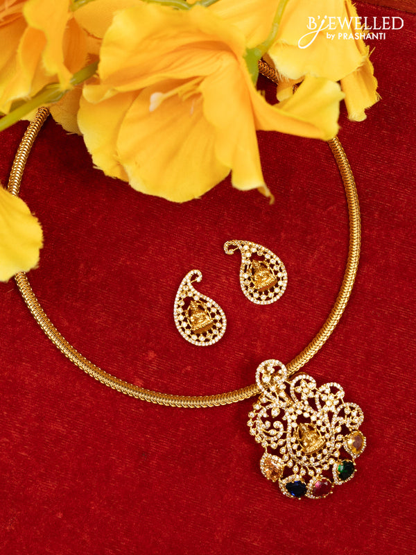 Ring type choker lakshmi pendant with multicolour and cz stones