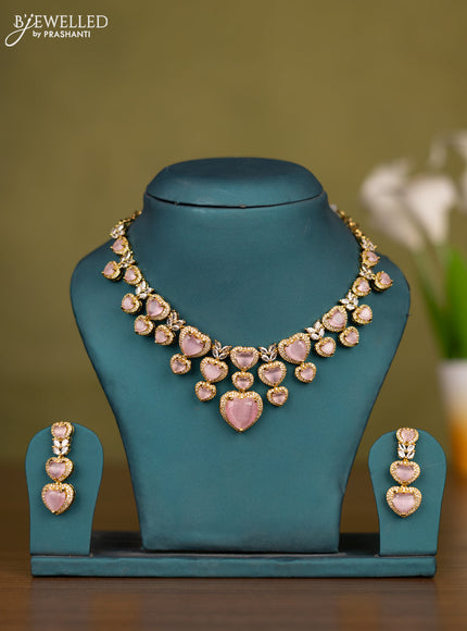 Necklace heart shape design with baby pink and cz stones in victorian finish