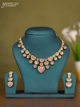 Necklace heart shape design with baby pink and cz stones in victorian finish