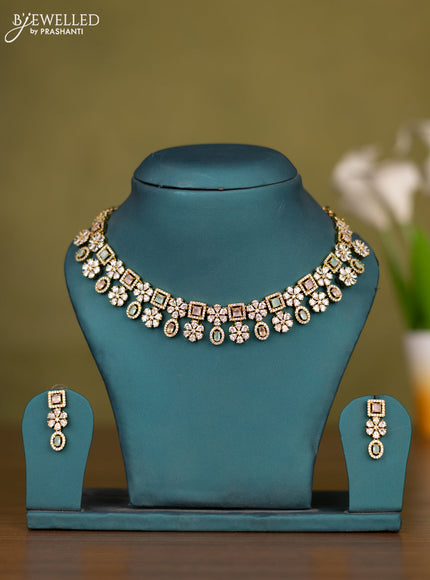 Necklace floral design with baby pink and mint green & cz stones in victorian finish
