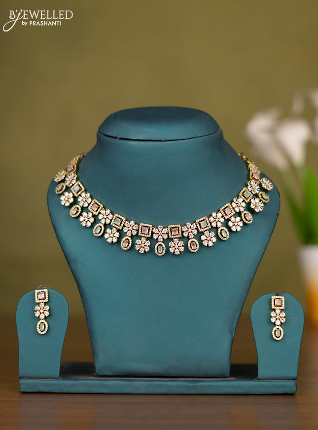 Necklace floral design with baby pink and mint green & cz stones in victorian finish