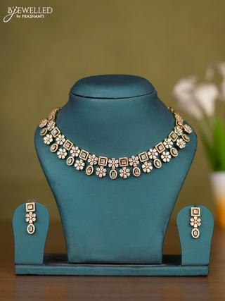 Necklace floral design with baby pink and mint green & cz stones in victorian finish