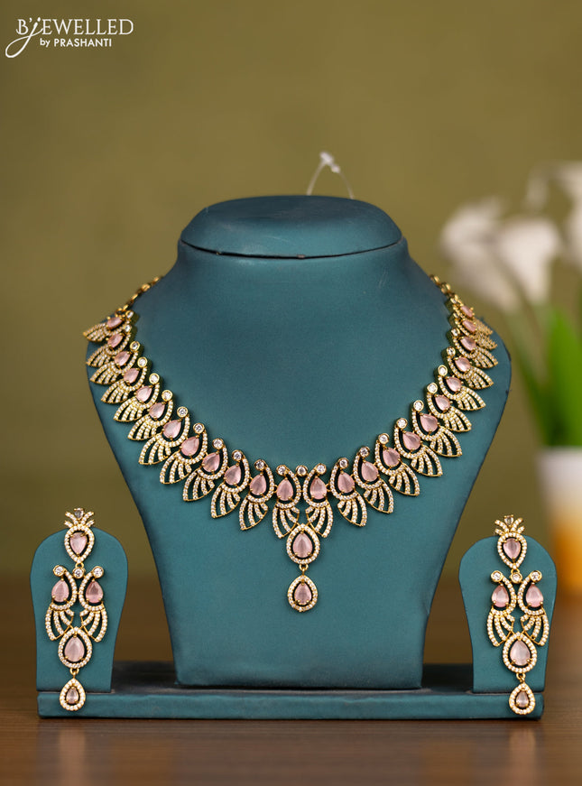 Necklace with baby pink and cz stones in victorian finish