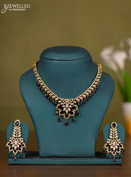 Necklace with purple & cz stones and hangings in victorian finish