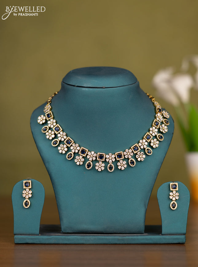 Necklace floral design with sapphire and cz stones in victorian finish