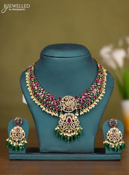 Necklace with emerald & cz stones and green beads hangings in victorian finish