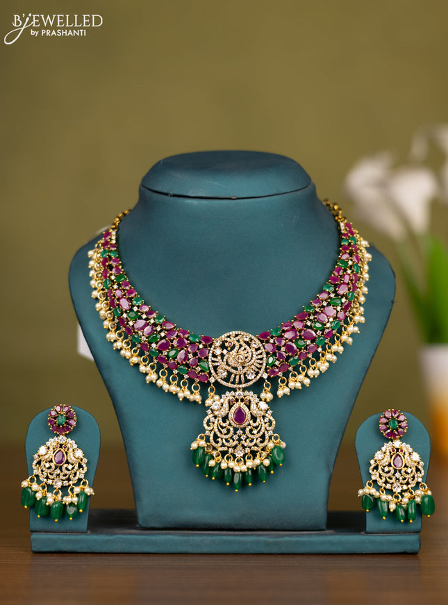 Necklace with emerald & cz stones and green beads hangings in victorian finish
