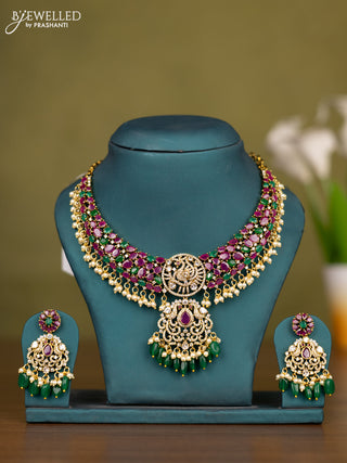 Necklace with emerald & cz stones and green beads hangings in victorian finish