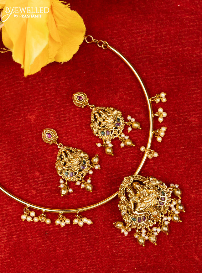 Ring type choker with shivan parvathi design in multicolor kemp stones and pearl hanging