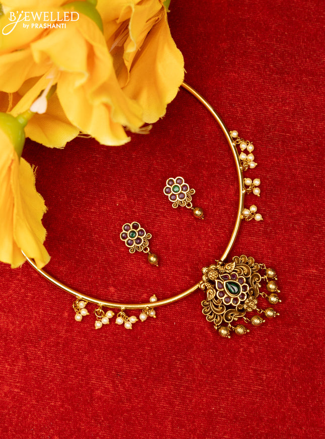 Ring type choker with double peacock design in multicolor kemp stones and gold ball hanging