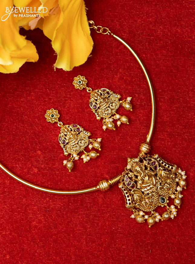Ring type choker with ganesha design in multicolor kemp stones and golden ball hanging