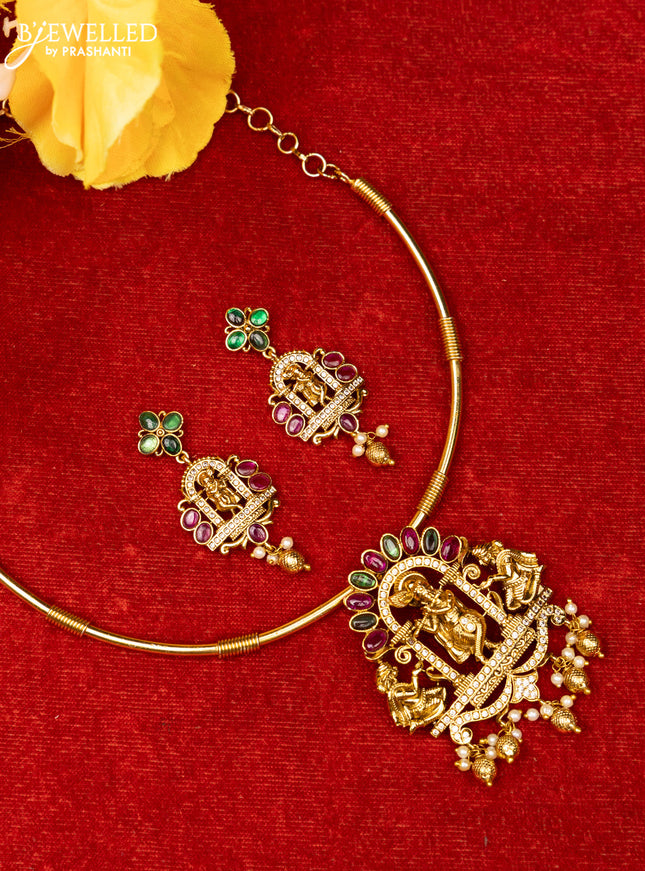 Ring type choker with krishna design in multicolor kemp stones and golden ball hanging