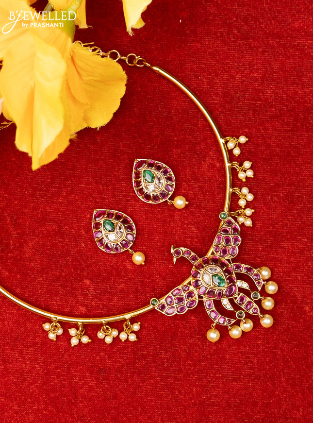 Ring type choker with eagle design in multiclor kemp stones and pearl hanging