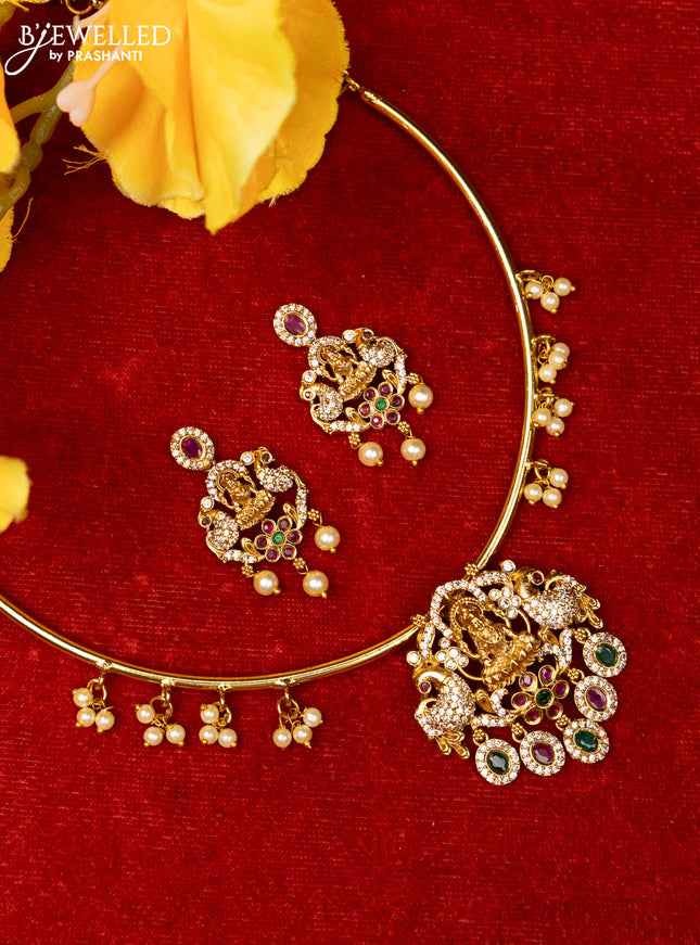 Ring type choker with lakshmi design in multicolor kemp stones and pearl hanging
