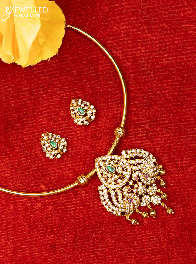 Ring type choker with double peacock design in multicolor kemp stones and gold ball hanging