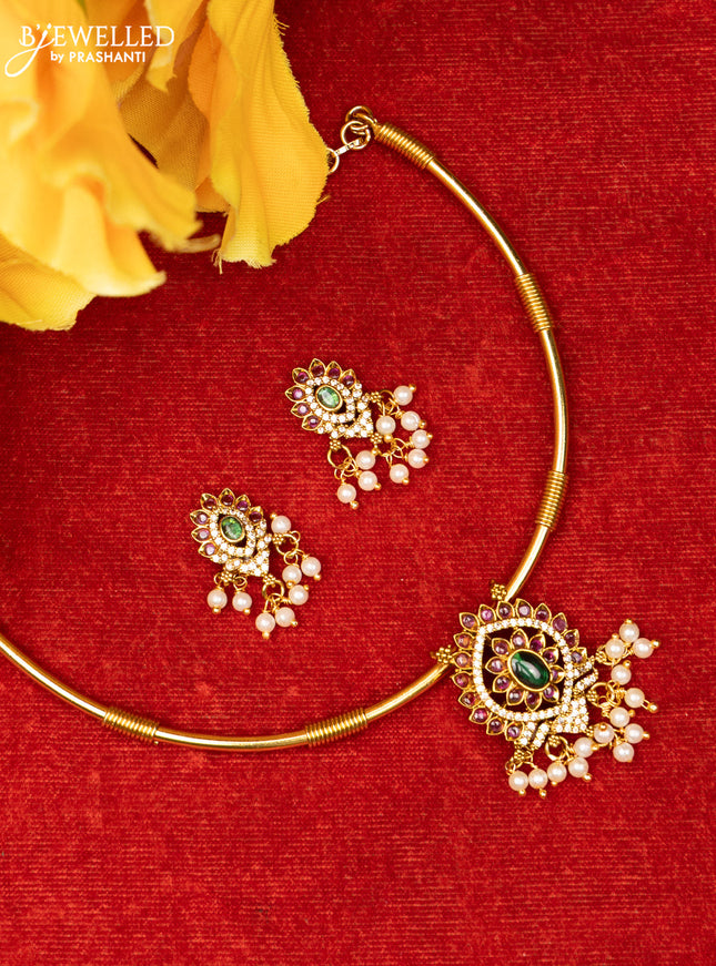 Ring type choker with small floral design in multicolor kemp stones and pearl hanging