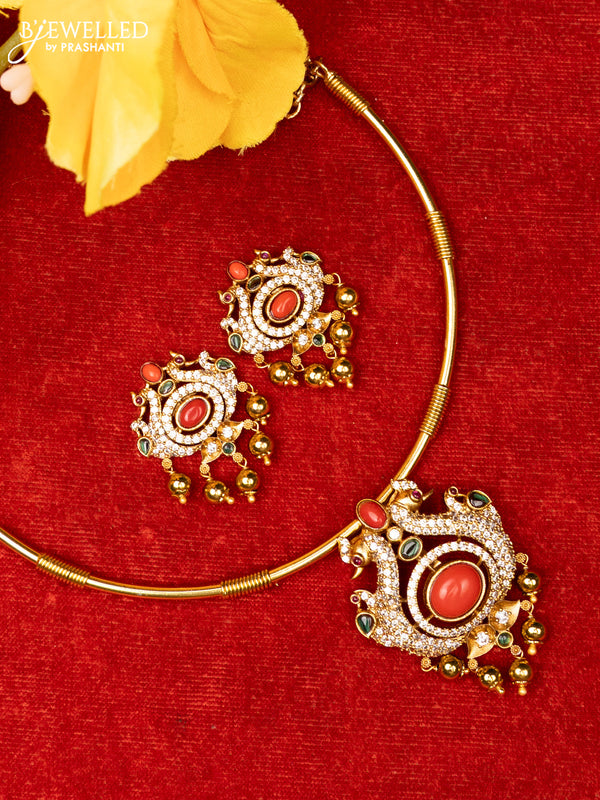 Ring type choker with double peacock design in pavalam & multicolor stones and gold ball hanging