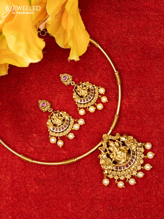 Ring type choker with ganesha design in red kemp stones and pearl hanging