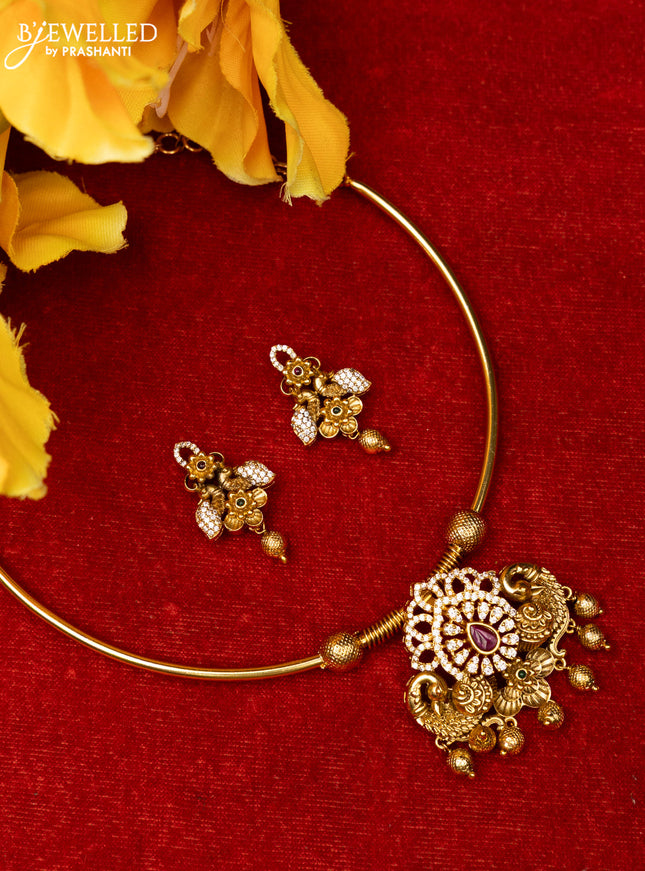 Ring type choker with double peacock design in multicolor kemp stones and gold ball hanging