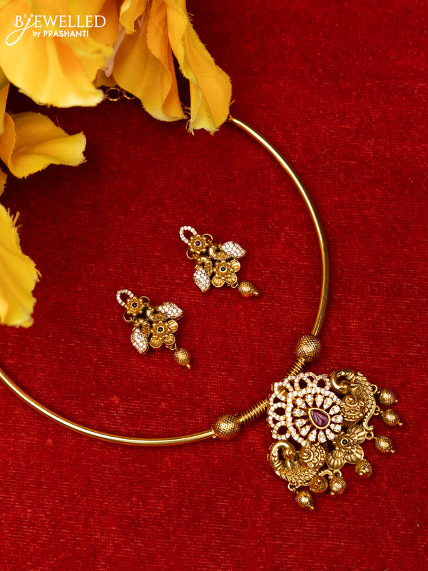 Ring type choker with double peacock design in multicolor kemp stones and gold ball hanging