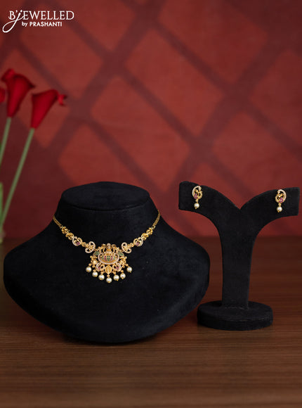 Antique choker lakshmi design with kemp & cz stones and pearl hangings