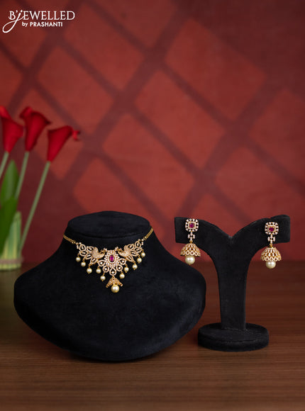 Antique choker peacock design with ruby & cz stones and pearl hangings