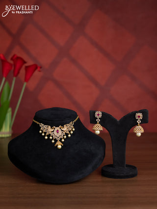 Antique choker peacock design with ruby & cz stones and pearl hangings