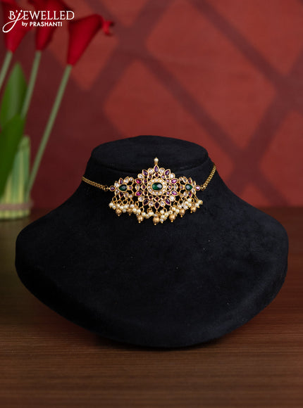 Antique choker with kemp and cz stones in pearl & golden beads hangings