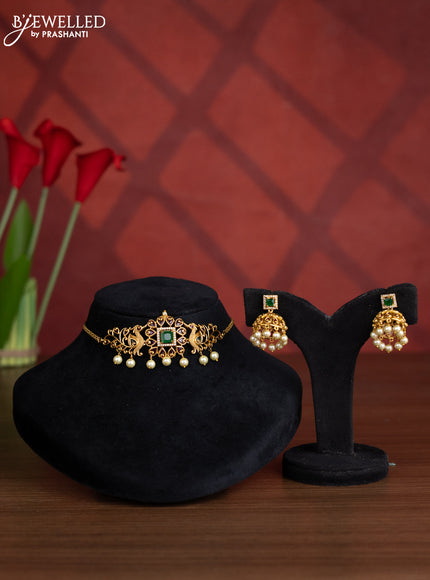 Antique choker peacock design with kemp & cz stones and pearl hangings