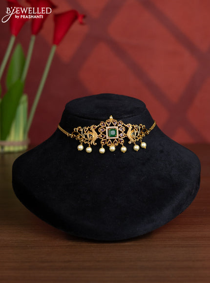 Antique choker peacock design with kemp & cz stones and pearl hangings