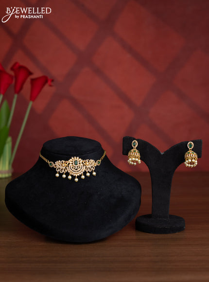 Antique choker peacock design with emerald & cz stones and pearl hangings