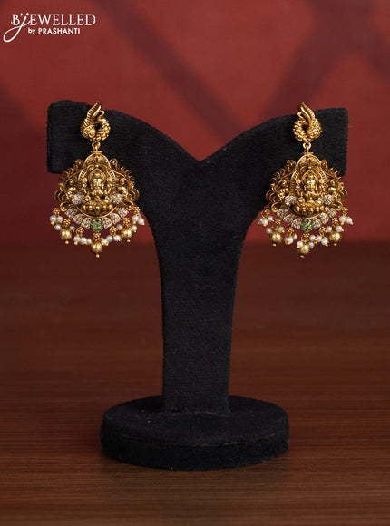 Antique choker lakshmi design with kemp and cz stones in pearl & golden beads hangings