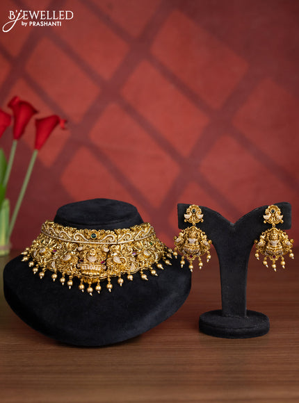 Antique big choker lakshmi design with kemp & cz stones and golden beads hangings