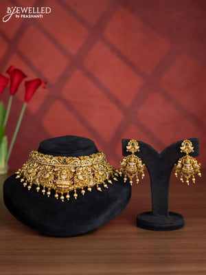 Antique big choker lakshmi design with kemp & cz stones and golden beads hangings