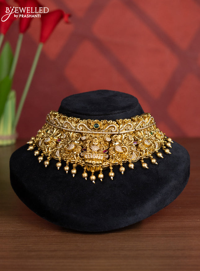 Antique big choker lakshmi design with kemp & cz stones and golden beads hangings