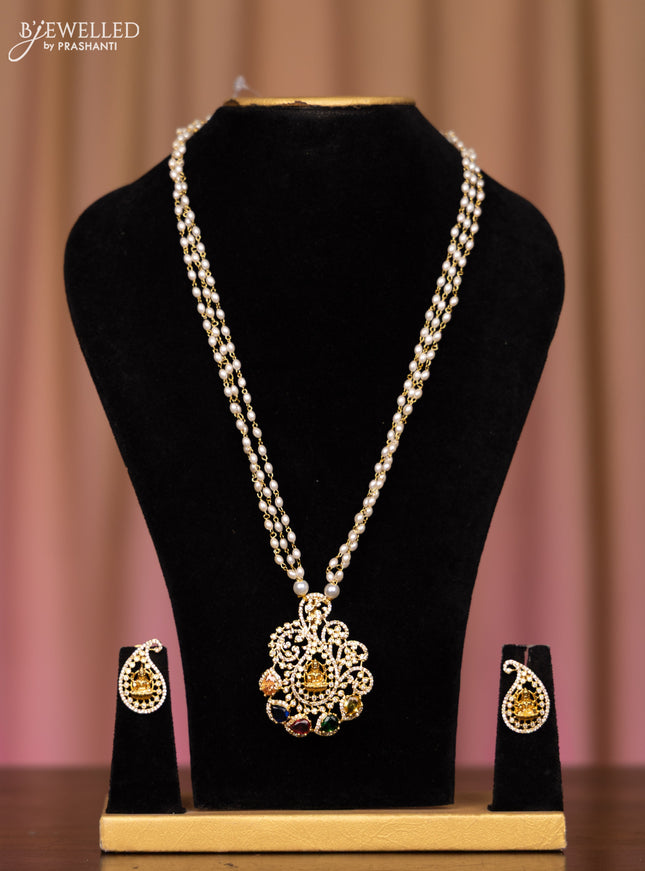Pearl necklace lakshmi design with multicolour and cz stones