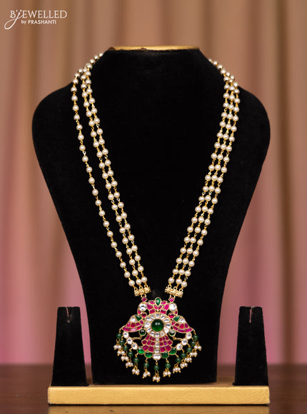 Pearl necklace double peacock design with kemp jadau kundan stones in pearl and green beads hangings