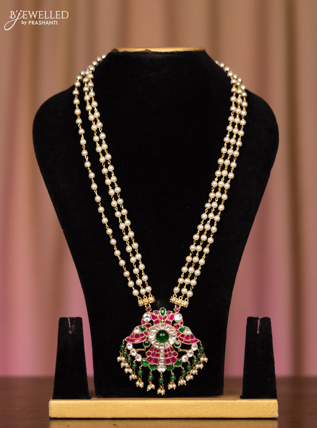 Pearl necklace double peacock design with kemp jadau kundan stones in pearl and green beads hangings