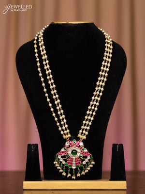 Pearl necklace double peacock design with kemp jadau kundan stones in pearl and green beads hangings