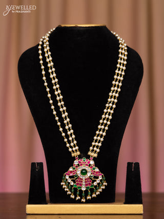 Pearl necklace double peacock design with kemp jadau kundan stones in pearl and green beads hangings