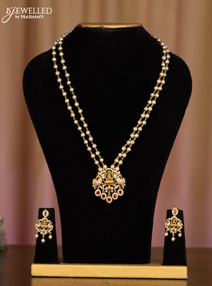 Pearl haaram lakshmi pendant with kemp and cz stones in hangings