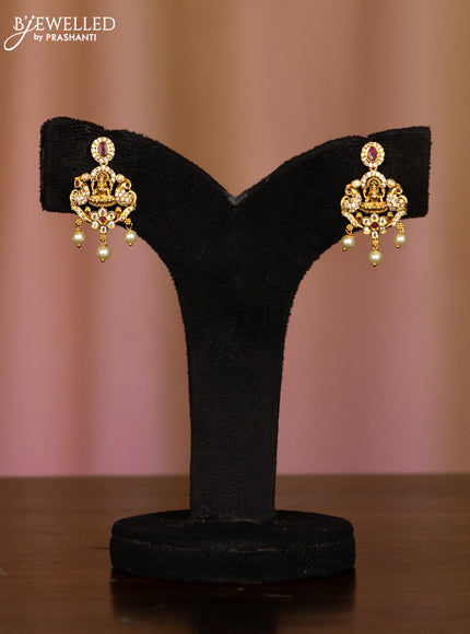 Pearl haaram lakshmi pendant with kemp and cz stones in hangings